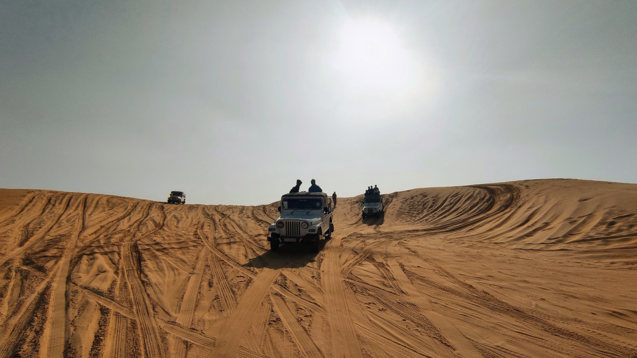 Jeep safari crossing sand dunes near Jaisalmer